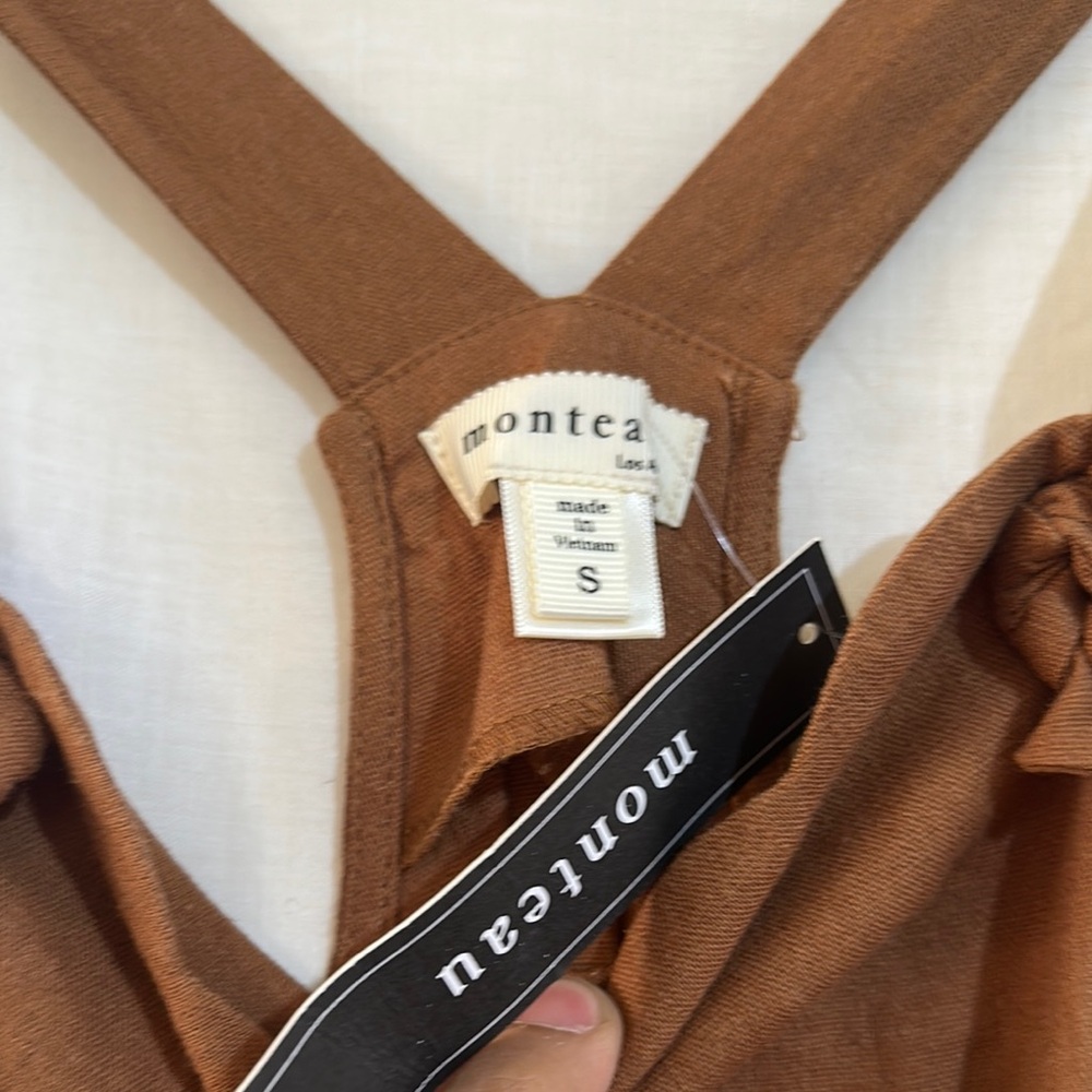 NWT Monteau Los Angeles Brown Scalloped Hem Overall Dress Size Small - Picture 2 of 5